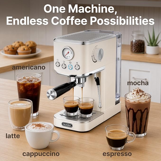 Zulay Kitchen Magia Compact Espresso Machine – 20 Bar Coffee Maker with Milk Frother Steam Wand, Latte & Cappuccino Maker, 1350W Fast Heating, 40oz Removable Water Tank, Stainless Steel – Cream