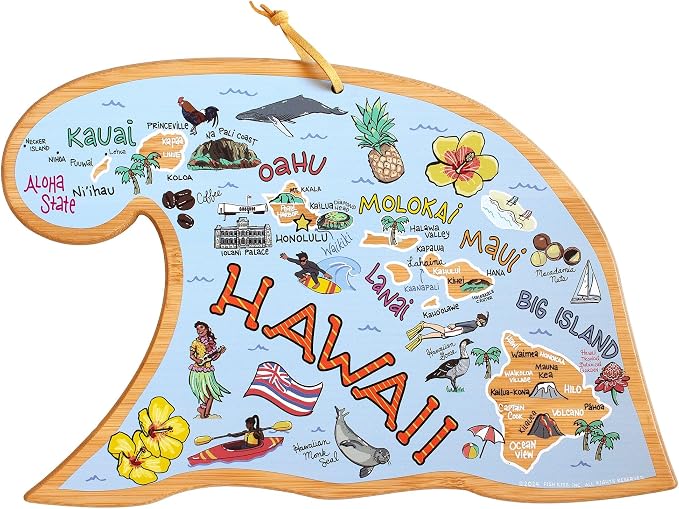 Totally Bamboo Hawaii State Shaped Cutting Board, Art by Fish Kiss | State charcuterie board with colorful hand-drawn map artwork. Smooth reverse side for food prep. Hang tie for wall display.