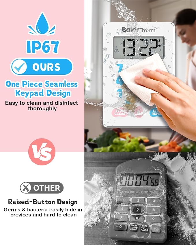 Digital Kitchen Timer Waterproof, Strong Magnetic Cooking Timer with 3 Adjustable Volume Levels & Silent Flashing Light, Countdown Timer for Cooking, Baking Shower, Classroom, Cute
