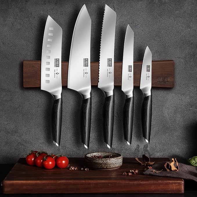 HOSHANHO Knife Set with Magnetic Knife Holder, 6-Piece Kitchen Knife Set | High Carbon Powder Steel Chef Knives Sets with Ergonomic Pakkawood Handle, Gifts for Men and Women