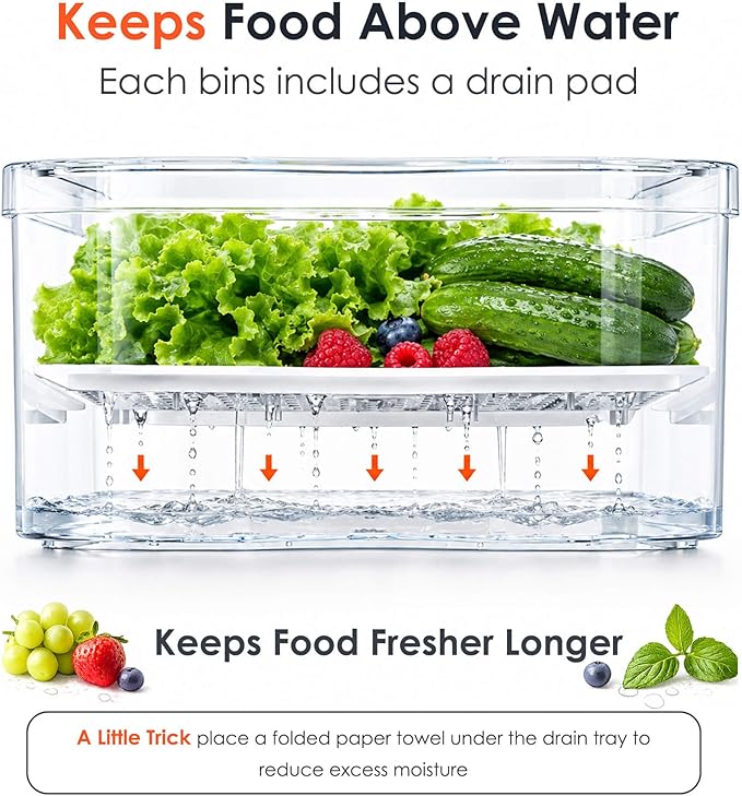 SMRCAD Clear Fridge Bins with Drain Trays - BPA-Free PET, Stackable | 10 Pack: 10 lidded Bins, Helps Keep Produce Fresh, 17.4L Capacity, Hand Wash Only