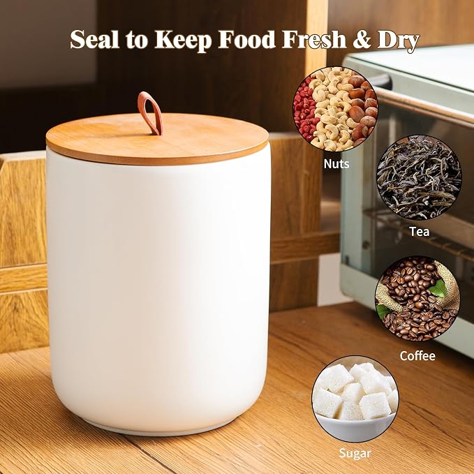 Mowtanco White Ceramic Canister & Jar Set, Airtight Bamboo Lids 3-Piece | 30/48/82 oz airtight storage containers jars for flour, sugar, tea, coffee, pasta, nuts, kitchen counter canister set