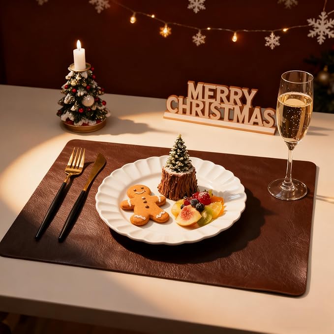 Placemats Set of 12, DOLOPL Reversible Dual-Color Faux Leather Place Mats 17"x11.8"– Waterproof, Heat Resistant, Washable & Wipeable, Luxury Retro Style for Kitchen, Dining Table (Dark Brown & Black