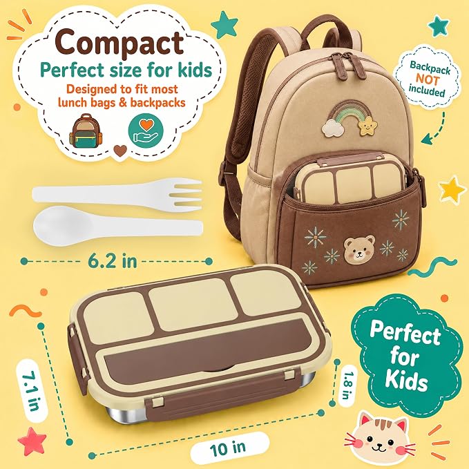Stainless Steel Bento Lunch Box for Kids Adult, Metal Lunch Box Containers for Boys Girls School, 4 Compartment Leak Proof Lunch Containers with Sauce Cup, Fork and Spoon & Fruit Picks, Brown