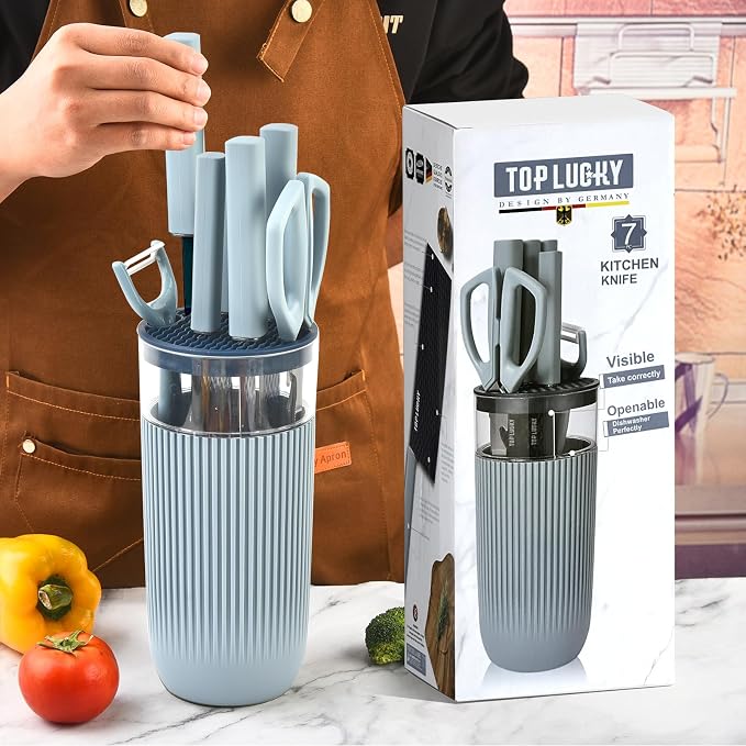 Knife Set, 7-Piece Kitchen Knife Set with Sharp Chef and Meat Knives, Anti-Rust Utility Knives Set for Kitchen, Kitchen Knife Block Set（Blue）