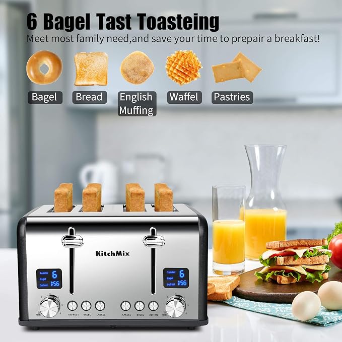 KitchMix Toaster 4 Slice, Bagel Stainless Toaster with LCD Timer, Extra Wide Slots, Dual Screen, Removal Crumb Tray (Gray)
