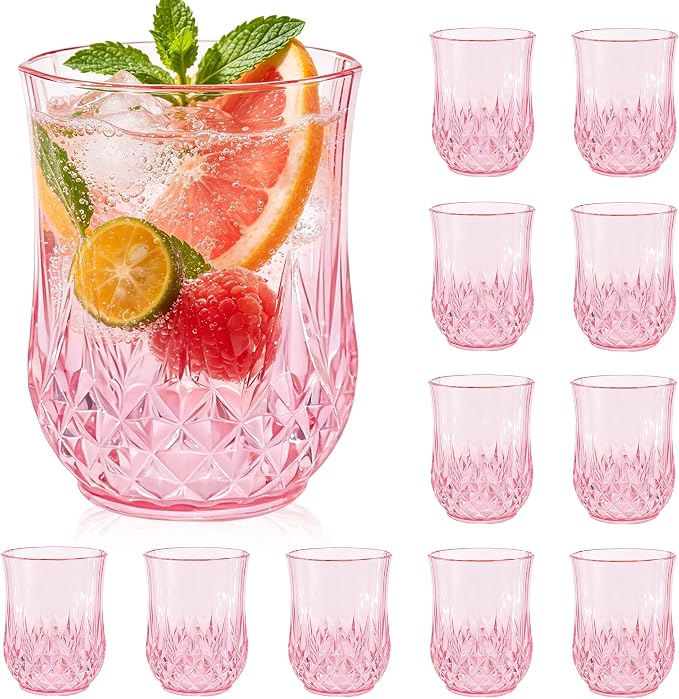 12 Pack Plastic Stemless Wine Glasses, 12oz Unbreakable Wine Cups | Reusable Fancy Vintage Drinking Glass Bulk for Cocktail, Whiskey, Juice, Elegant Decor for Wedding, Party & Holiday Events