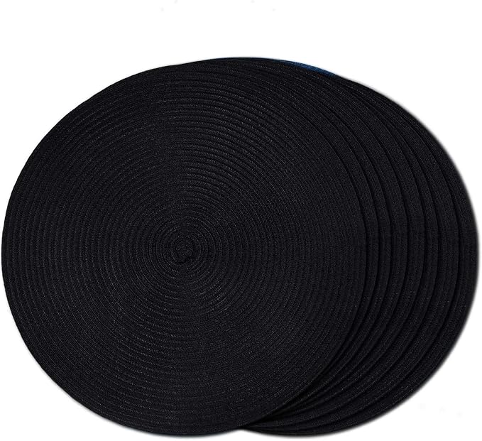 FunWheat Round Braided Placemats Set of 8 Place mats for Dining Tables Woven Heat Resistant Table Mats 15 inch (Black,8pcs)