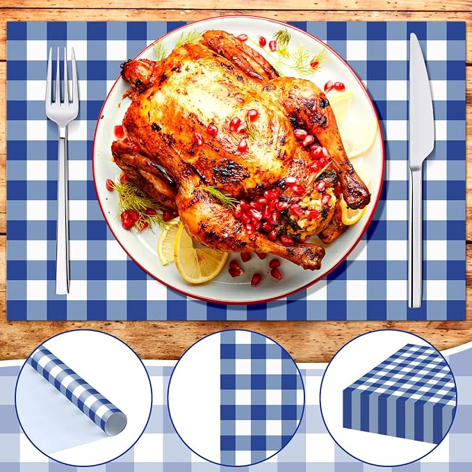 100 Pcs Checkered Paper Placemats Birthday Party Supplies Disposable Placemats for Kids Baby Shower Men Party Decorations Favors 11 x 17 Inch (Blue, White)