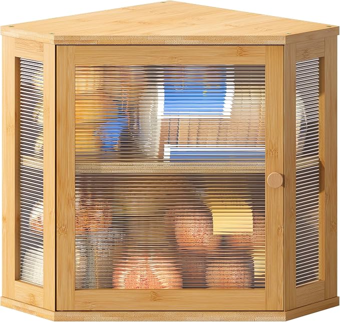 BMOSU Corner Bread Box for Kitchen Countertop Double Layer Bamboo Wooden Bread box Large Capacity Bread Storage Bin(Natural, Medium)