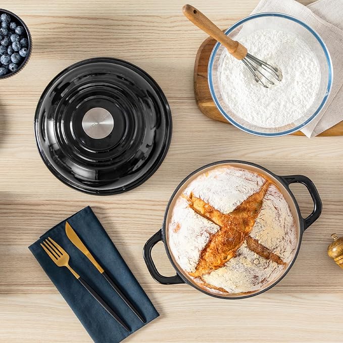 Velaze 5 QT Enameled Cast Iron Dutch Oven for Bread Baking with Dome Lid | Traps Steam for Crispy Artisan Sourdough Bread,Oven Safe,Ergonomic Handles,Gift for Bakers and Bakery Style Loaves,Black