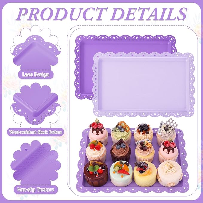 3 Pcs Purple Serving Trays Plastic Platters Dessert Cupcake Holder Party Supplies 14.4 x 9.3 Inches Rectangular Cookie Snack Display Tray for Wedding Restaurant
