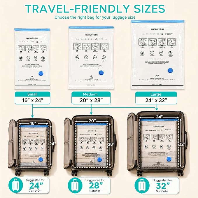 Travel Vacuum Bags with Pump, 80% Space Saver Vacuum Seal Bags for Clothing Travel, 12 Pack Vacuum Sealer Bag with Rechargeable Cordless Pump Set for Luggage, Clothes & Traveling (4L/4M/4S)