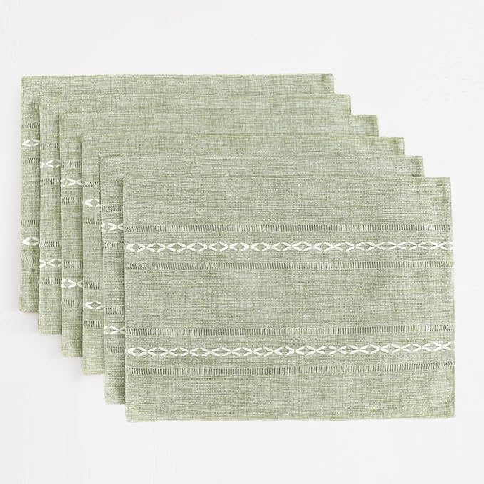 Wracra Cotton Linen Place Mats, Sage Green Embroidered Placemats Set of 6 | Placemats 12 x 18 Inch; Cotton Linen Woven Fabric; Heat Resistant Table Mats; Raised Embroidered Hollow Design