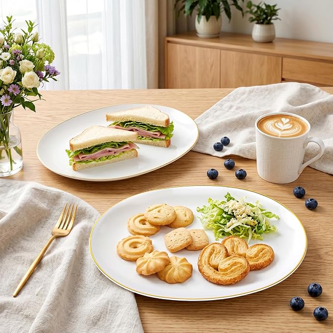 6Pcs Gold Plastic Serving Trays - 12 Inch White and Gold Oval Disposable Plates - Heavy Duty White Plastic Serving Platters for Wedding/Birthday/Dinner Party/BBQ/Holiday Gatherings