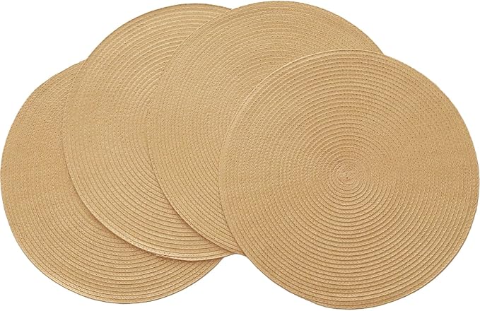 Winknowl Round Braided Placemats Set of 4 Washable Woven Heat Resistant Table Mats for Kitchen Dining Tables 15 inch Round Place Mats (Camel,4pcs)