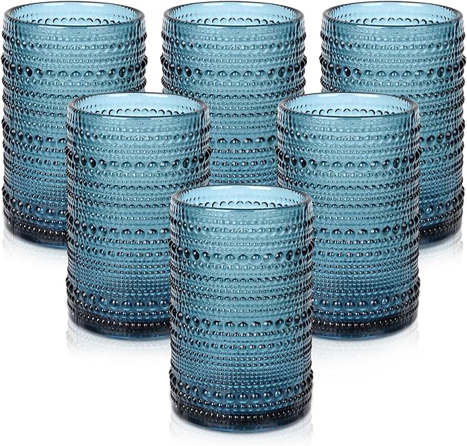 ZMOWIPDL Drinking Glasses Set of 6,15 oz Blue Hobnail Glass Cups | Vintage Glassware，Embossed Water Tumbler,for Beer,Cocktail,Whiskey,Juice and Various Mixed Drinks- 1 Cleaning Brush