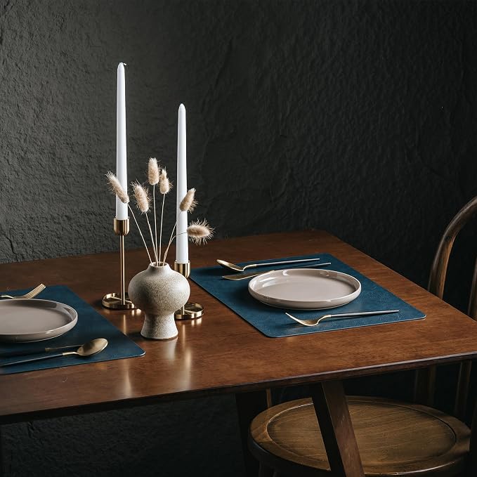 Placemats Set of 4, DOLOPL Reversible Dual-Color Faux Leather Place Mats 17"x11.8"– Waterproof, Heat Resistant, Washable & Wipeable, Luxury Retro Style for Kitchen, Dining Table (Camel/Navy Blue)