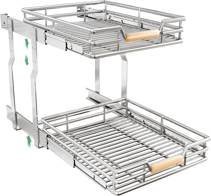 Pull out Cabinet Organizer, 2 Tiers 17"W X 21"D, Heavy Duty Smooth Sliding Under Cabinet Shelves for Pots and Pans, Full-Extension Roll out Drawers, Slide out Organization for Home Kitchen Pantry