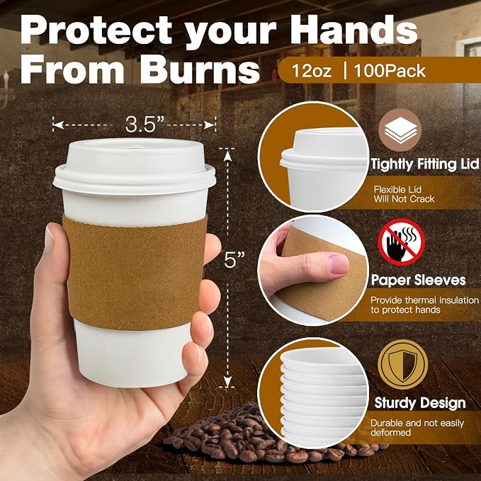Ginkgo 100 Pack 12 oz Leak-Proof Coffee Cups with Lids and Sleeves | Disposable To Go Hot Travel Paper Cups, Hot Chocolate, Cocoa, Tea , Coffee Bar Accessories