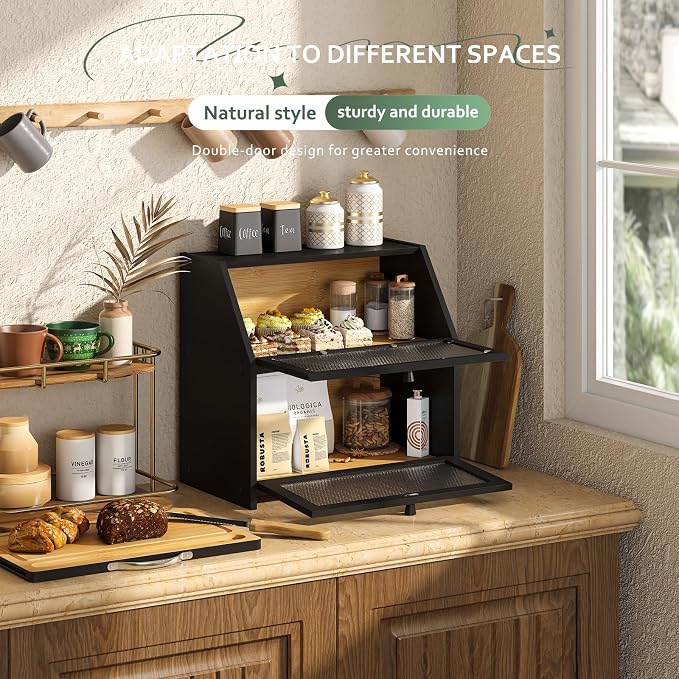 STDDRE Double Layer Bamboo Corner Bread Box with Cutting Board(Black) | Extra-large capacity. Double Layer Bread Storage Bin with Door Panel for Kitchen Counter.for kitchen counter