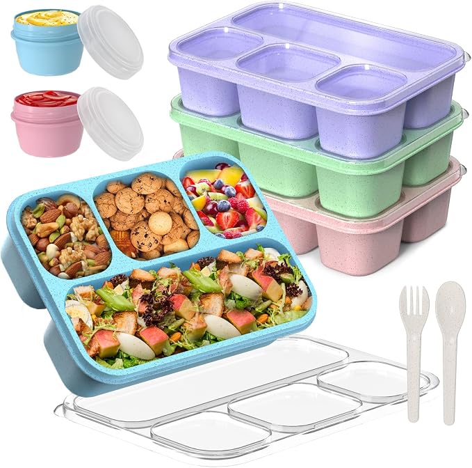 KHOXU Snackle Box Container, 4-Compartment Bento Lunch Box for Kids Women Men Adults, 44Oz/1300ML Meal Prep Boxes Reusable with 2 Sauce Containers & Utensils, 4 Pack (Wheat)