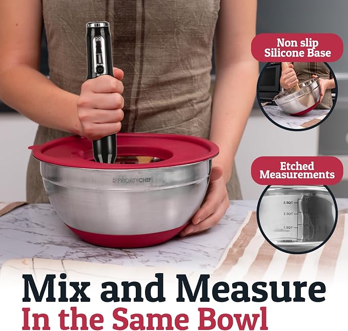6Pc Stainless Steel Mixing Bowls with Lids Set, Huge 7 Qrt Size Metal Bowl Set for Kitchen, 3 Graters, Non-Slip Bases & Silicone Utensils Set, Red