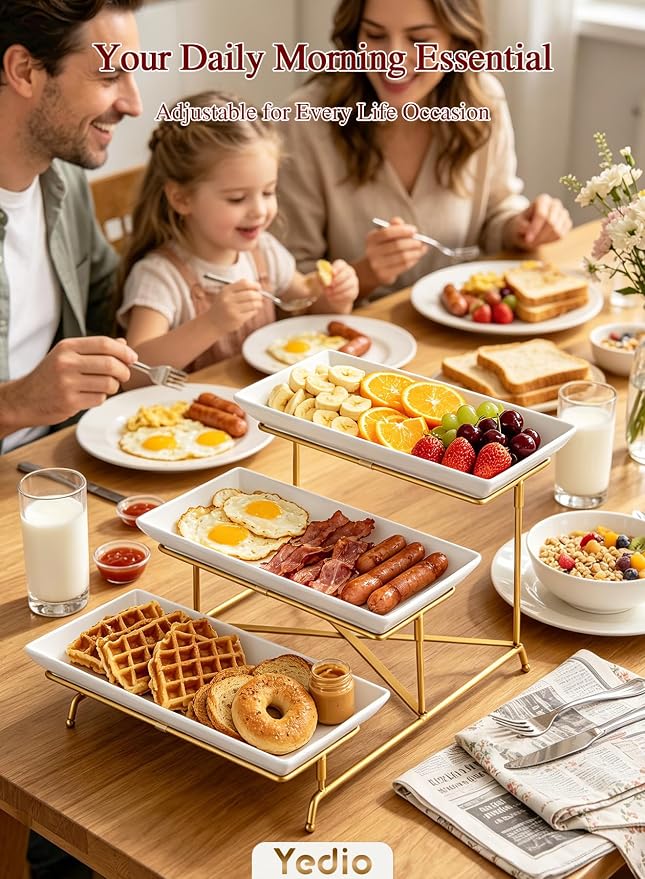 3 Tier Serving Tray Set 14 Inch Porcelain Tiered Serving Platters, Collapsible Sturdier Stand with Stable Cross Bars, Three Layer Serving for Party Entertaining Food Display Fruit Dessert