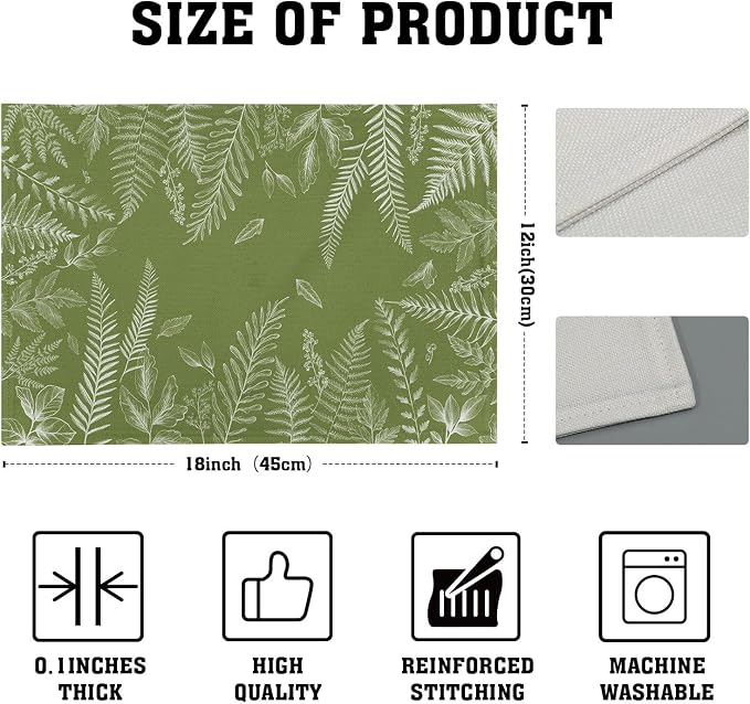 Spring Wild Fern Leaf Plants Placemats Set of 4, 12 x 18 Inch Green Place Mats Washable Kitchen Dining Linen Table Mats for Dining Table Kitchen Decoration