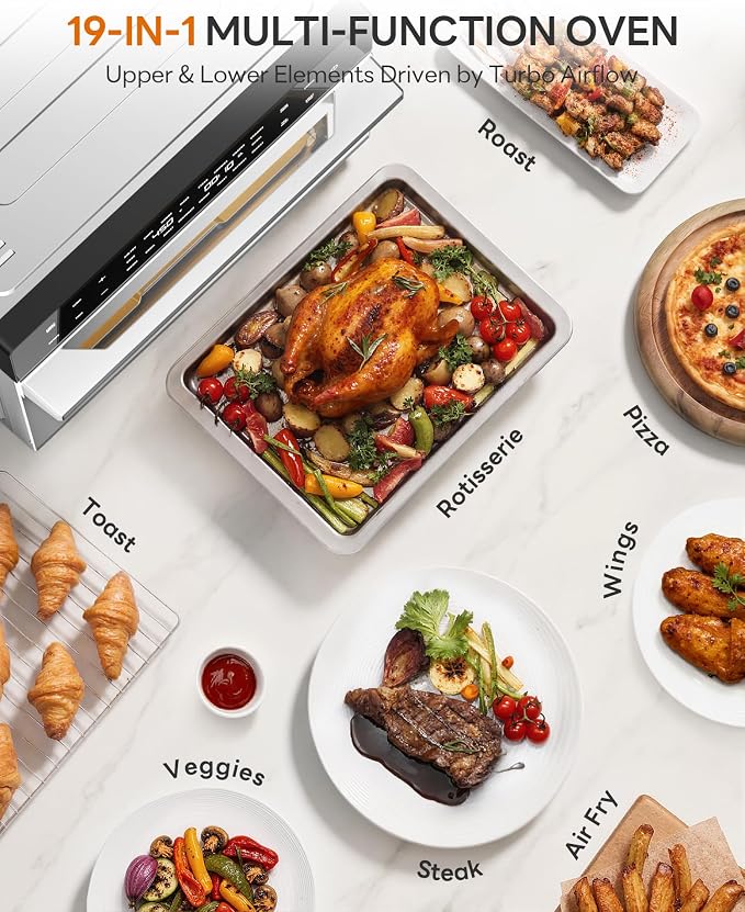 Beelicious 32QT Extra Large Air Fryer, 19-In-1 Air Fryer Toaster Oven Combo with Rotisserie and Dehydrator, Digital Convection Oven Countertop Airfryer Fit 13" Pizza, 6 Accessories, Stainless Steel