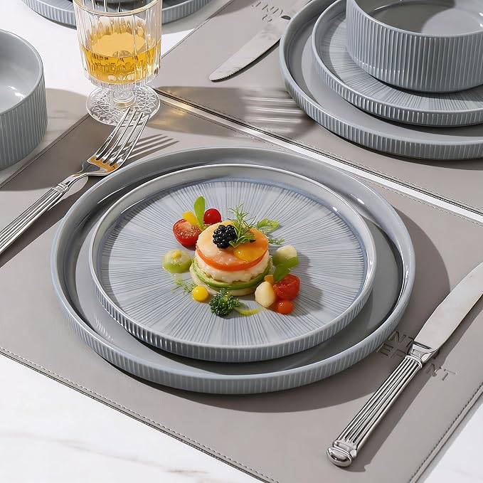 Stoneware Dinnerware Sets for 6, 18-Piece Plates and Bowls Set, Smoky Blue | Advanced Inkjet Printing Ceramic Dishes, Modern Minimalist Tableware, Scratch Resistant, Microwave and Dishwasher Safe