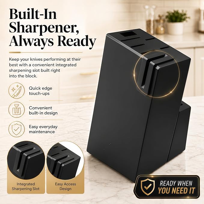 14-Piece Black Kitchen Knife Block Set with Built-In Sharpener | German high-carbon stainless steel blades, dishwasher safe, ultra-sharp edges, ergonomic non-slip handles