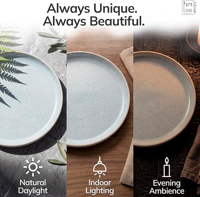 24 Piece Stoneware Dinnerware Set for 8 - Handmade Reactive Glaze Plates and Bowls Set - Chip & Scratch Resistant Dish Set - Dishwasher Microwave Safe - Light Beige & Blue