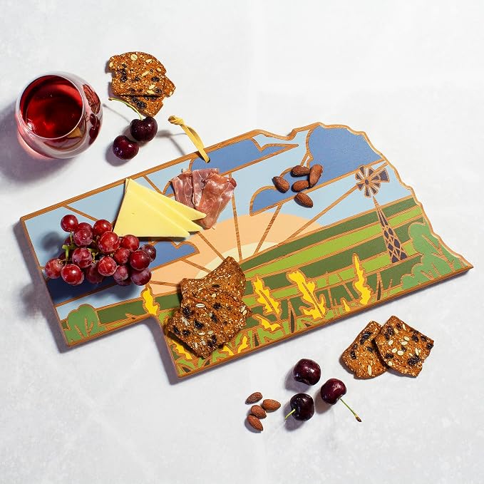 Totally Bamboo Nebraska State Shaped Cutting Board, Summer Stokes Art | State charcuterie board with colorful hand-drawn landscape art. Smooth reverse side for food prep. Hang tie for wall display.