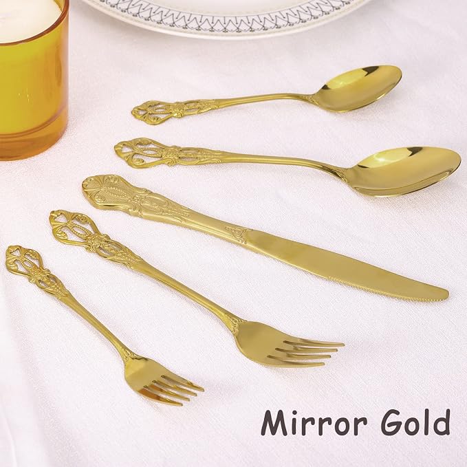 Gold Silverware Set for 4, Stainless Steel Gorgeous Retro Royal Flatware Set, 20-Pieces Cutlery Tableware set, Kitchen utensils set Include Spoons And Forks Set, Mirror Finish, Dishwasher Safe