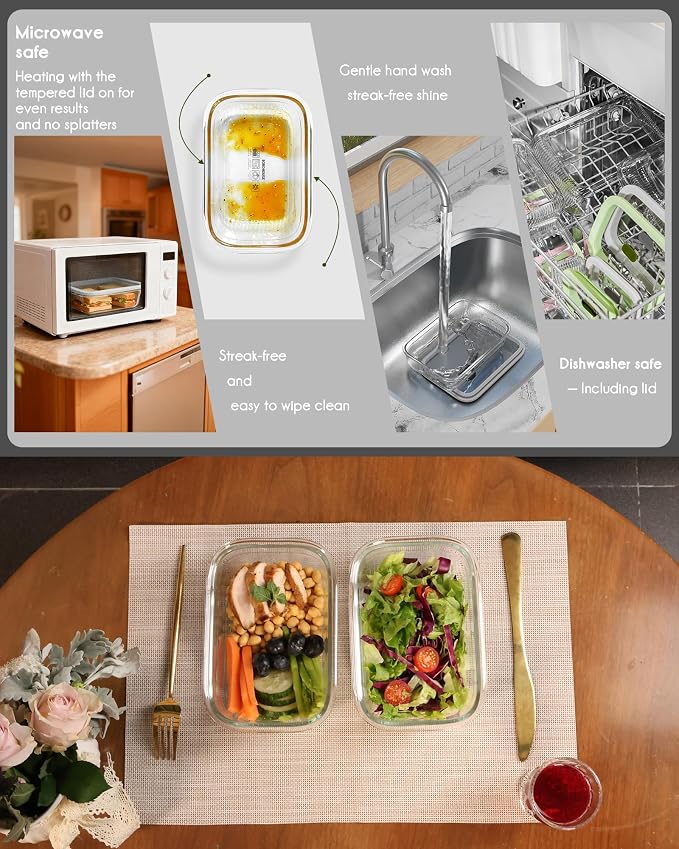 4-Pack Glass Food Storage Containers with Tempered Glass Lids, 2x 4.7 Cup & 2x 9.3 Cup, Airtight, Oven & Microwave Safe Borosilicate Glass (-4°F to 950°F)