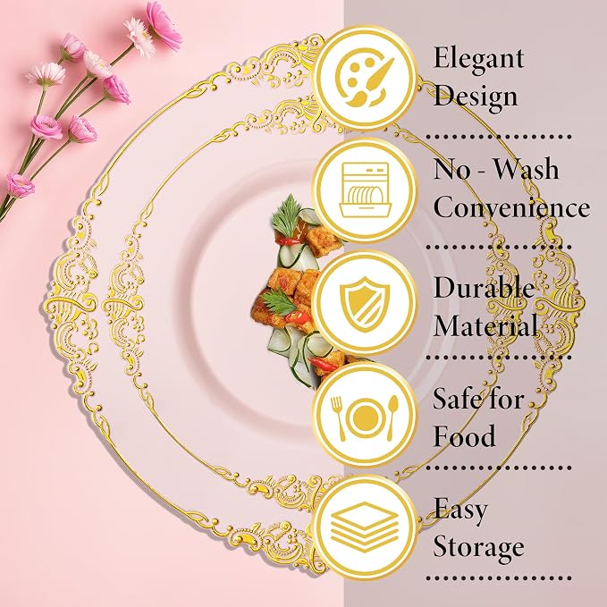 Nervure 175Pcs Pink Plastic Plates, Disposable Party Plates for 25 Guests | 25 7.5" Dessert & 25 10.25" Dinner Plastic Plates, 75 Gold Cutlery, 25 9oz Cups, 25 Napkin for Wedding & Party, BPA-free