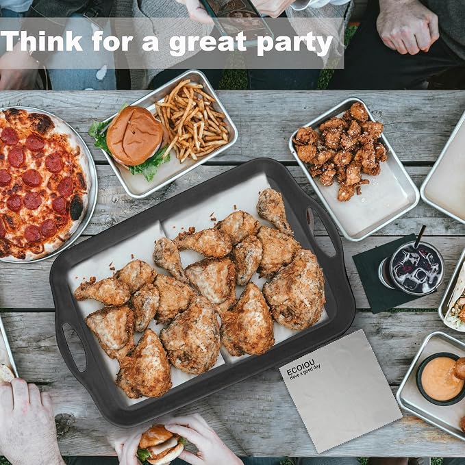 ECOIOU 20x13 inch Extra Large Serving Tray with Handles, Set of 2, Black | Melamine Platters for Serving Food, Turkey, Cookie, Rectangular Trays for Eating, Raised Dots Matt Finished, Dishwasher Safe