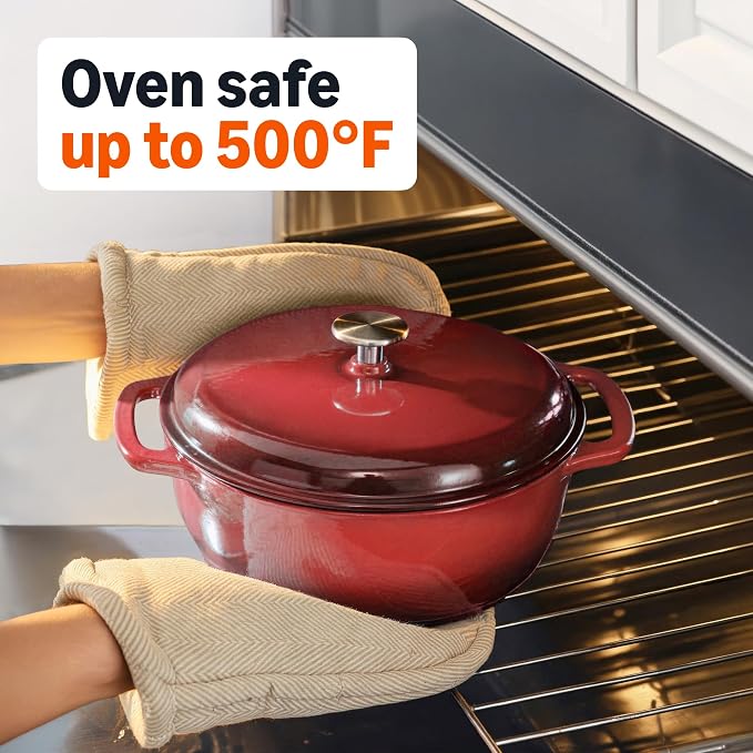 Amazon Basics Enameled Cast Iron Dutch Oven Pot with Lid, Round, Dual Handles, Heavy-Duty, Oven Safe for Stews, Roasting, Baking, 7.3-Quart, Red