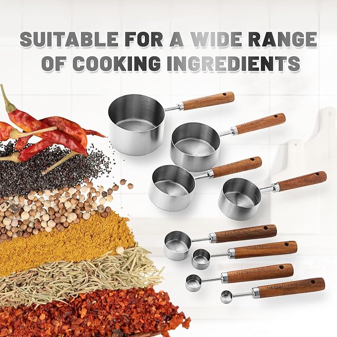Premium Wood Handle Stainless Steel Measuring Cups and Spoons 8PCS | Food-grade, Rust-proof,Engraved Marks Never Fade,For Dry & Liquid Ingredients,Nesting Saves Space,Ideal Gift for Bakers