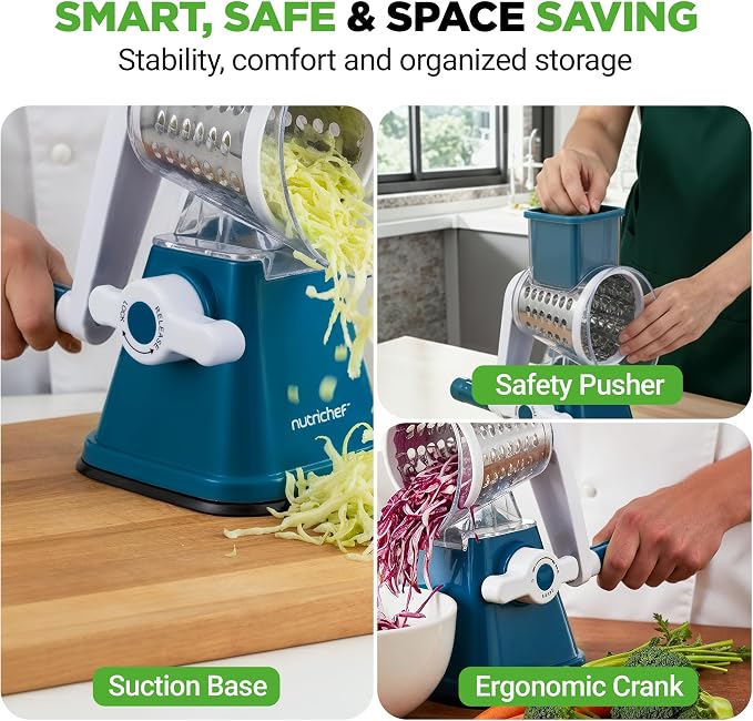 NutriChef 3 in 1 Cheese Grater & Shredder | Strong Suction Base, Rotary Handle with Safety Lock | Includes Hand Crank & 3 Drum Blades for 3 Textures, Fine, Medium & Strips | Blue