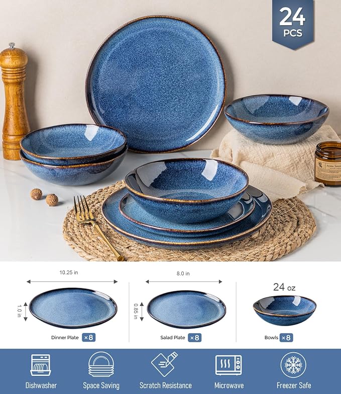 GBHOME Stoneware Dinnerware Sets for 8,24 Piece Rustic Plates and Bowls Set | Earthenware Handmade Reactive Glaze Plate Sets, Chip Resistant Ceramic Dishes, Microwave & Dishwasher Safe, Sea Blue