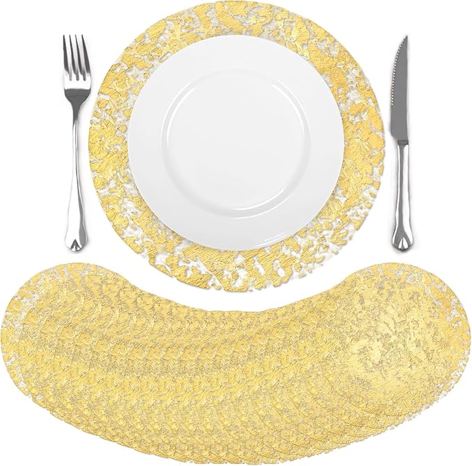 comfoyar Disposable Gold Placemats Set of 50, Metallic Round 13 Inch Foil Mesh Pressed Doilies Place Mats, Table Mats for Dining Party Weddings Birthday Holiday Kitchen Home, Tableware Decoration