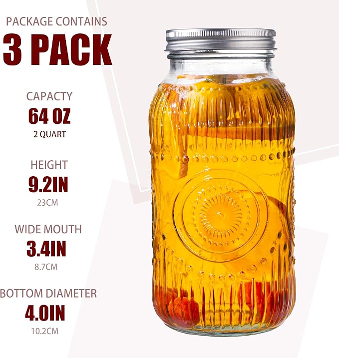 Amzcku 64oz vintage Mason Jars with Lids, Wide Mouth 2 Quart Canning Jar Half Gallon, Safe For Storage, Canning, Pickling, Preserving, Fermenting, DIY Crafts & Decor 3 Pack