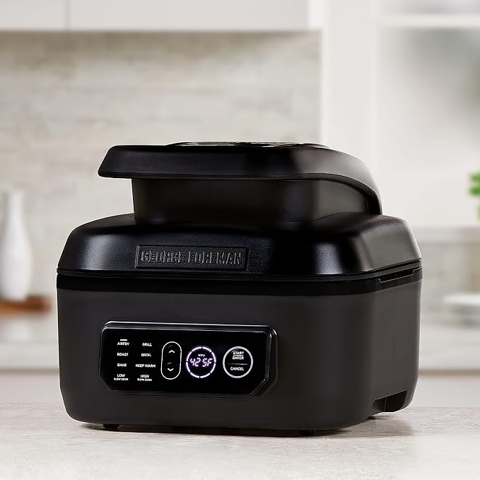 George Foreman Beyond Grill™ 7-in-1 Electric Indoor Grill with Air Fry Technology, MCAFD800D, Black, Large | 7-in-1 grill with air fry, roast and bake functions, 500°F searing and no-defrost cooking.
