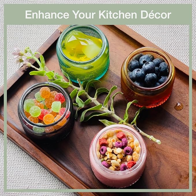 4 oz Decorative Small Glass Jars with Airtight Bamboo Lids, 4 Color 12 Pack | Vintage embossed color coated containers, kitchen pantry bathroom organization & decor, spices, DIY gifts, candle making