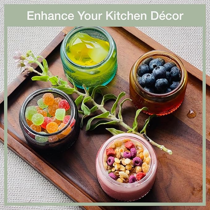 4 oz Decorative Small Glass Jars with Airtight Bamboo Lids, 6 Color 24 Pack | Vintage embossed color coated containers, kitchen pantry bathroom organization & decor, spices, DIY gifts, candle making