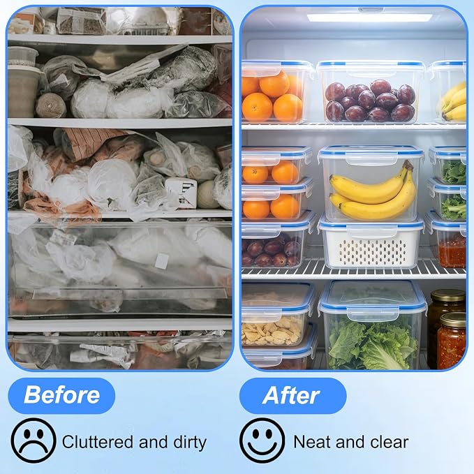 4 In 1 Food Storage Container, Fruit Storage Containers for Fridge Household Transparent Plastic Food Storage Box with Removable Colander & Drain Basket Soak,Wash, Drain,and Store