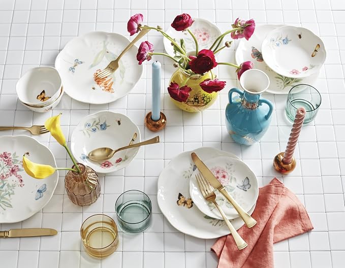 Lenox Butterfly Meadow Porcelain 28-Piece Dinnerware Set for 4 | ceramic, dishwasher safe, microwave safe | plates and bowls sets for kitchen and dining | 11 inch plate