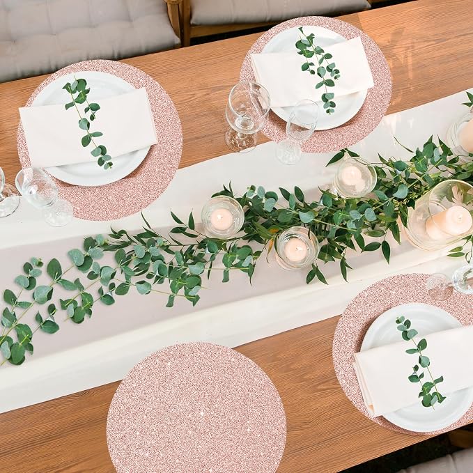 Tarklanda 100PCS Rose Gold Paper Placemats Disposable 13.4 Inch Round Glitter Paper Place Mat Decorative Shiny Table Mat for Birthday Wedding Holiday Party Sparkle Table Decor